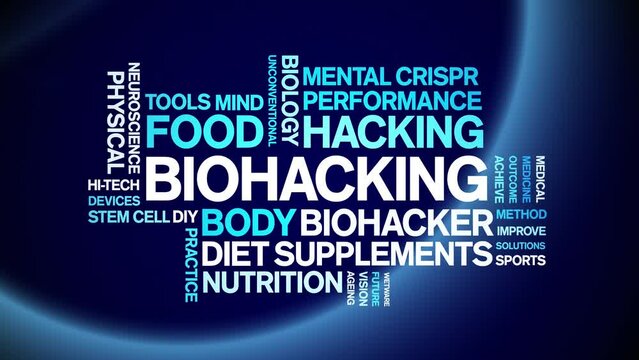Biohacking animated word cloud;text design animation tag kinetic typography seamless loop.