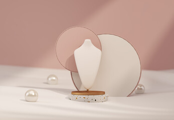 Bust showcase jewelry display for Necklace. Wooden, stone stand holder. Pastel color mannequin jewelry stand has pearls around it. Trendy 3d render for social media banners, promotions	