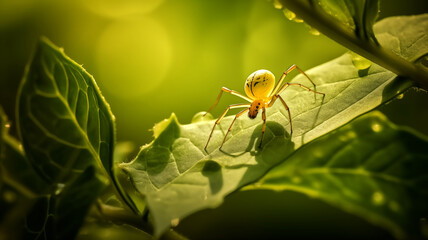 Close-up of a yellow spider on a green leaf, illuminated by sunlight, showcasing detailed textures and vibrant colors.
