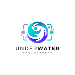 camera for underwater photography logo with colorful lens, frame, waves, splashes, bubbles and fish accents 