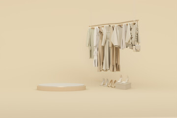 Clothes on a hanger, storage shelf in pastel beige background. Collection of clothes hanging on rack, leaves concept. 3d rendering, concept for shopping store and bedroom, studio, life style
