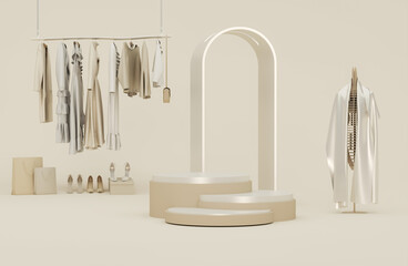 Clothes on a hanger, storage shelf in pastel beige background. Collection of clothes hanging on rack, leaves concept. 3d rendering, concept for shopping store and bedroom, studio, life style
