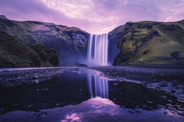 A magical waterfall cascading into a crystal-clear pool, with a purple sky above creating a surreal atmosphere, Generative AI