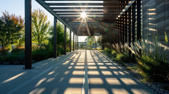 A long walkway with a sun shining on it