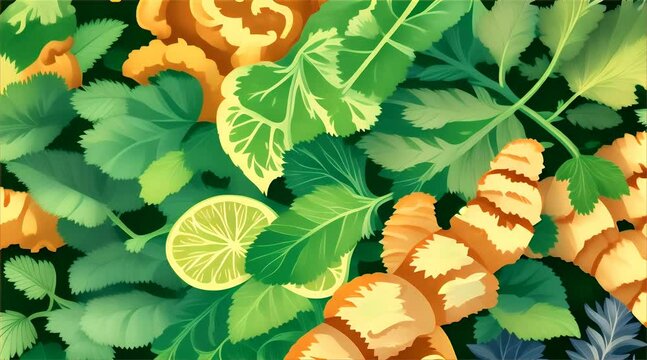 Vibrant illustration of fresh herbs and spices, including cilantro, ginger, and lime slices, creating a colorful pattern.
