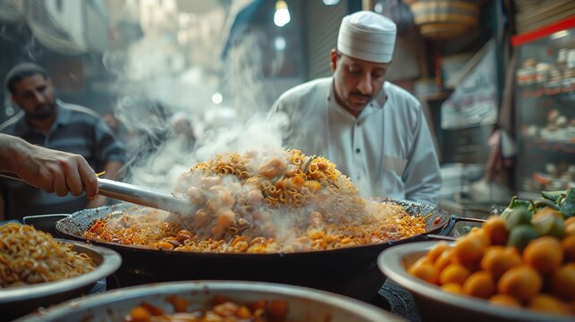 Egyptian street food vendor preparing koshari