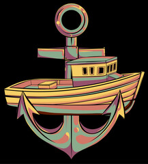 vector illustration of fish-boat with anchor on black background