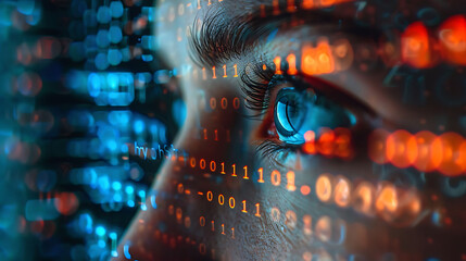 binary code and computer code overlay on face digital technology background