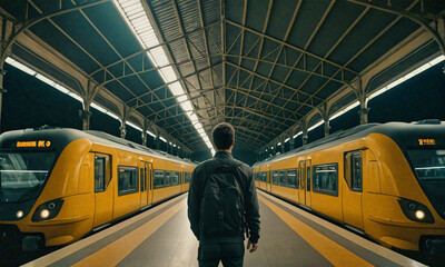 A Man Standing on the Train Station Platform, Observing the Scene