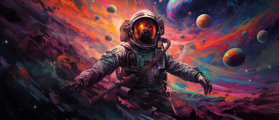 Astronaut in colorful space