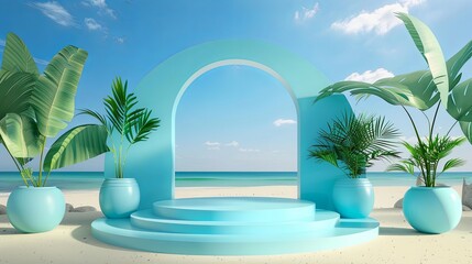 3d podium stage in the beach background