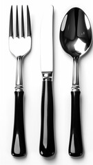 Silver Spoon, fork, knife set isolated on white background.