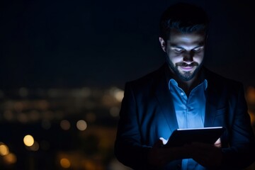 A businessman is using a digital tablet at night