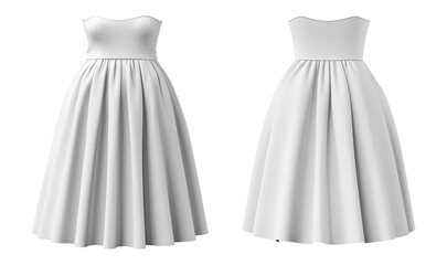 White strapless dress displayed from front and back. Long, elegant dress with a fitted bodice and full skirt.