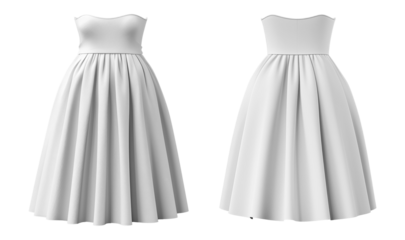 White strapless dress displayed from front and back. Long, elegant dress with a fitted bodice and full skirt.