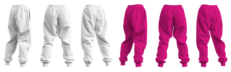 Set of pink, white front back view sweatpants jogger sports trousers bottom pants on transparent background, PNG file. Mockup template for artwork design