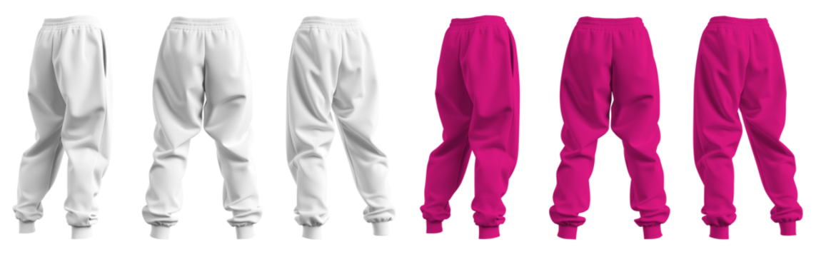 Set of pink, white front back view sweatpants jogger sports trousers bottom pants on transparent background, PNG file. Mockup template for artwork design