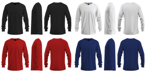 Set of man white, black, red, blue front, back and side view round neck long sleeve tee shirt t-shirt on transparent background cutout, PNG file. Mockup template for artwork graphic design