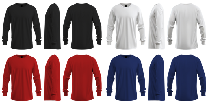Set of man white, black, red, blue front, back and side view round neck long sleeve tee shirt t-shirt on transparent background cutout, PNG file. Mockup template for artwork graphic design
