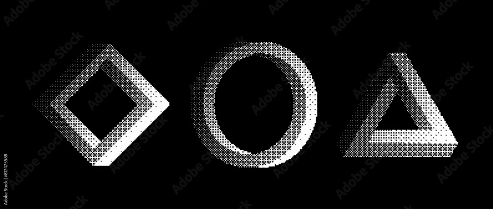Aufkleber Bitmap textured impossible shapes set. Dither halftone geometric objects collection. Black triangle, circle, square elements for banner, poster, leaflet. Pixelated 3d raster effect bundle. Vector pack