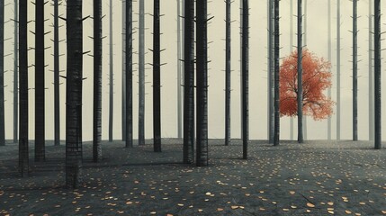 Obraz premium A dark and mysterious forest with a single red tree in the distance.