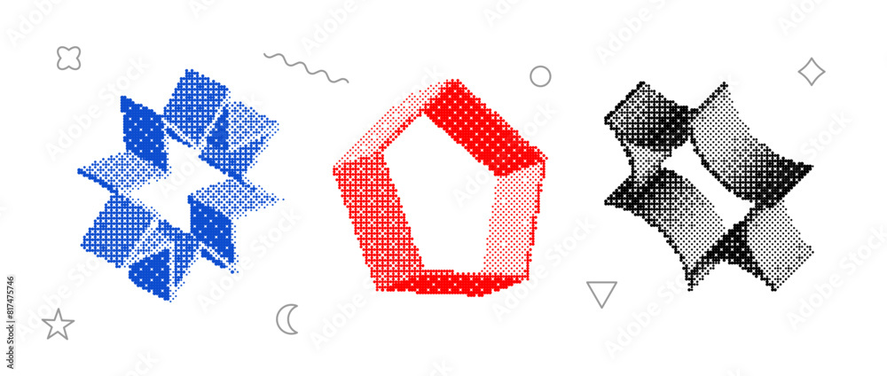 Poster Bitmap textured shapes set. Blue, red, black dither halftone objects collection. 3d star, sparkle, pentagon elements for banner, poster, leaflet. Abstract pixelated raster effect bundle. Vector pack