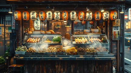 Vibrant Japanese Street Food Stall Sizzling with Culinary Delights in a Midth Century Urban Market