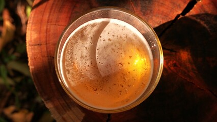 A top view of a glass of beer under sun rays. A close-up shot of a beer glass on a wooden table in the garden. A cold beer on the table in the backyard. Drinking beer time. Beer froth in the sun. 