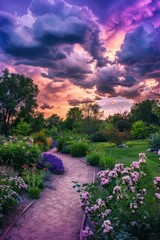 A peaceful countryside scene with rolling hills and farmland under a twilight purple sky, Generative AI 