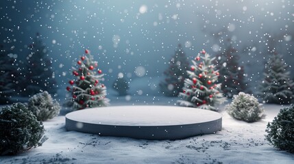 3d podium stage in the snow fall background 