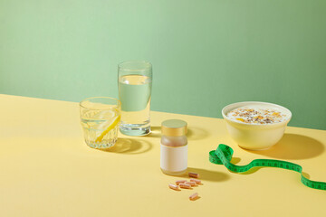 Front view photo on green background, a blank medicine bottle, fruit yogurt, water glass and a glass of lemonade displayed on light yellow background. Blank space for advertising, high angle shot
