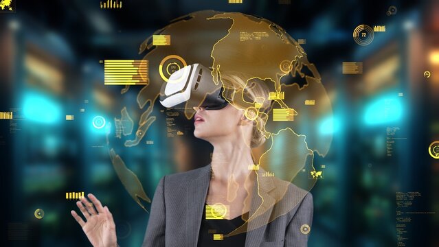 Woman pressing start opening analyze world finance data color green or orange through VR glasses turn around global interface digital infographic network technology virtual 3D animation. Contraption.