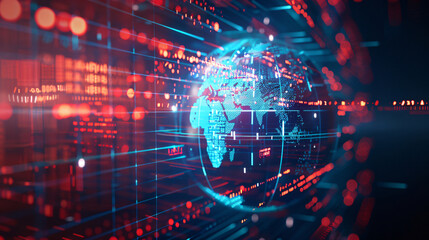 Obraz premium Digital Globe with Red and Blue Lines Background for Global Connectivity and Communication with copy space text, perfect for showcasing global connectivity, communication and technology.