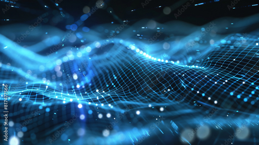 Poster abstract blue grid with particles and bokeh background for technology and innovation with copy space