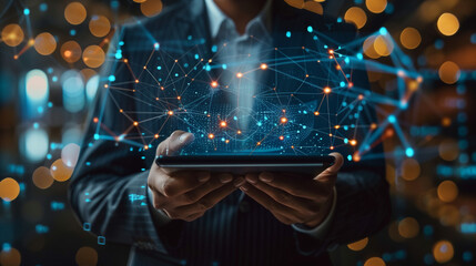 Businessman Engaged and Displaying a Virtual Blockchain Data Analysis Floating on Digital Tablet