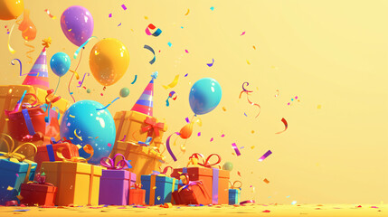 Colorful Balloons and Gifts with Confetti Background for Birthday Celebration with copy space text, perfect for showcasing birthday parties and celebrations.