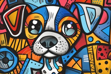 Cartoon cute doodles of a whimsical puppy depicted in a cubist style, with geometric forms and bold colors, Generative AI