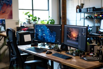 A tech startup space with dual monitors and modern gadgets