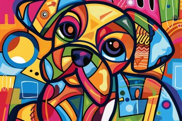 Obraz premium Cartoon cute doodles of a whimsical puppy depicted in a cubist style, with geometric forms and bold colors, Generative AI