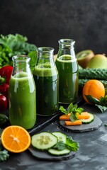 Fototapeta premium Detox green juice flight, a selection in clear minimalist bottles, stone coaster settings for a detox program brochure.