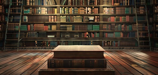 Giant book podium in a grand library, great for literary releases or educational product launches.