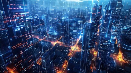 futuristic cyber city with digital buildings and skyscrapers, featuring a towering skyscraper on the left, a bustling street in the center, and a distant mountain range on the right