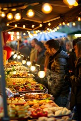 A lively food market, with vibrant stalls selling a variety of delicious street food, Generative AI