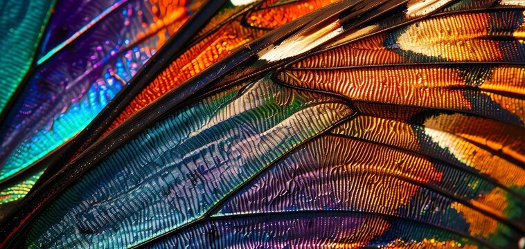 Macro photography of vibrant butterfly wings, displaying detailed patterns for a colorful and engaging wall piece.