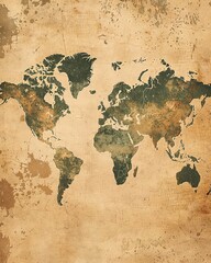 Vintage map of the world with a rustic texture, suitable for educational or travelthemed wall art.