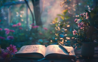 A bucket list with dreams and goals written in a journal, selective focus, aspirations theme, ethereal, Silhouette, a peaceful garden as backdrop