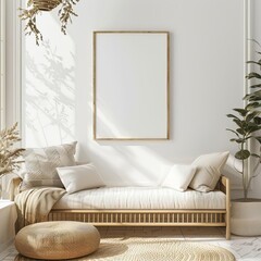 Interior background, 3d render, Scandinavian interior design, The photo shows a bright and cozy living room with a natural, boho vibe