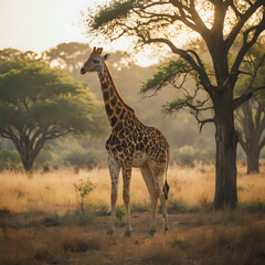a giraffe standing in the middle of a field