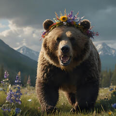 a bear that is walking in the grass with flowers on its head