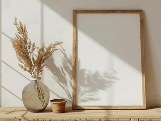 Interior background, 3d render, Scandinavian interior design, A wooden frame mockup with a vase of pampas grass.